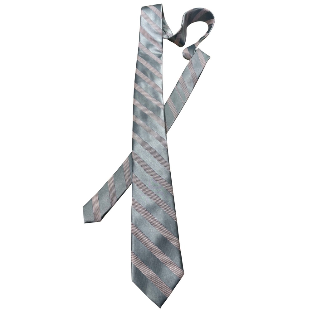 J. Ferrar Mens Silk Necktie Light Blue Silver Navy Diagonal Stripe Woven Tie